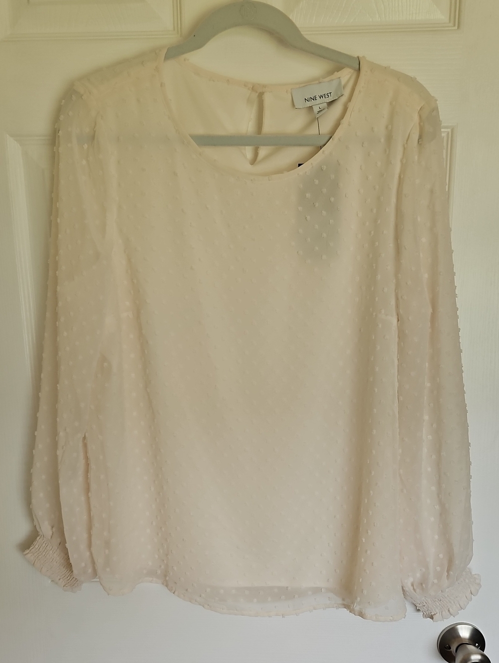 Nine West Cream Swiss Dot Long Sleeve Blouse